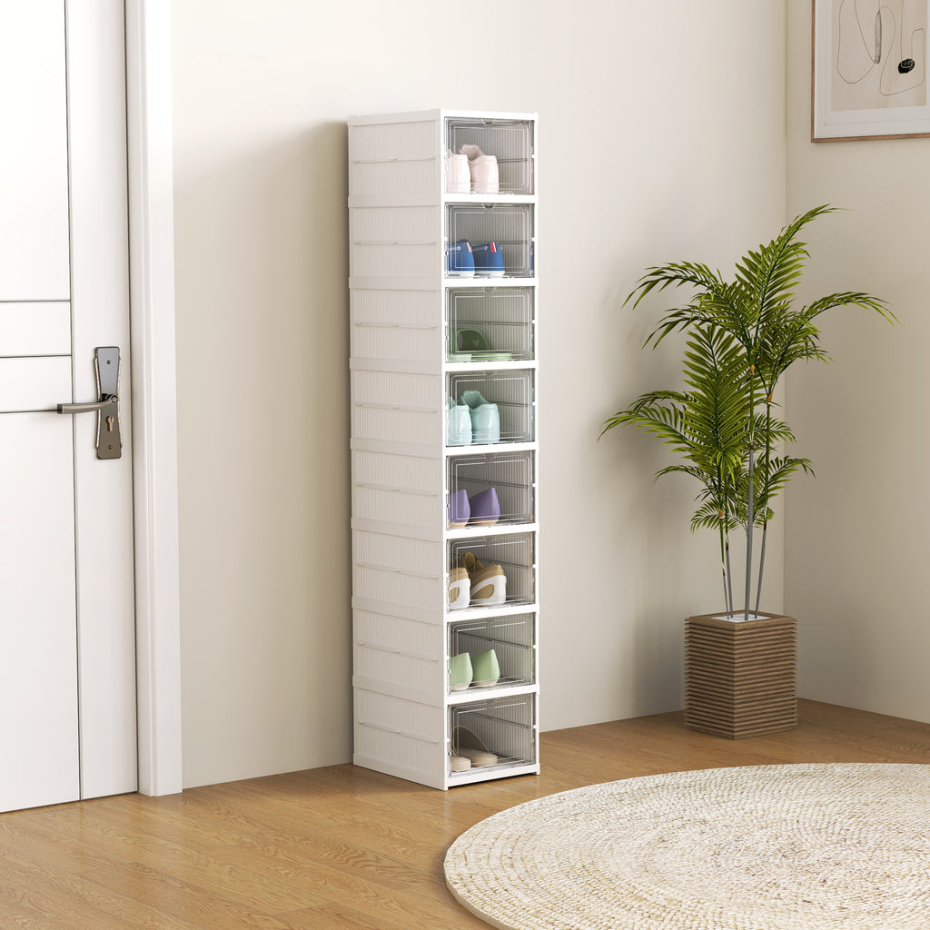 Stackable Plastic Shoe Boxes, 8 Pack Foldable Shoe Storage Boxes with Clear Door, No Assembly, Fit Size 10, White