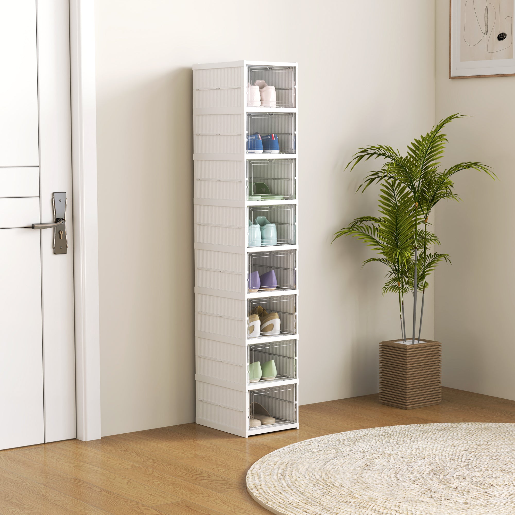 Stackable Plastic Shoe Boxes, 8 Pack Foldable Shoe Storage Boxes with Clear Door, No Assembly, Fit Size 10, White