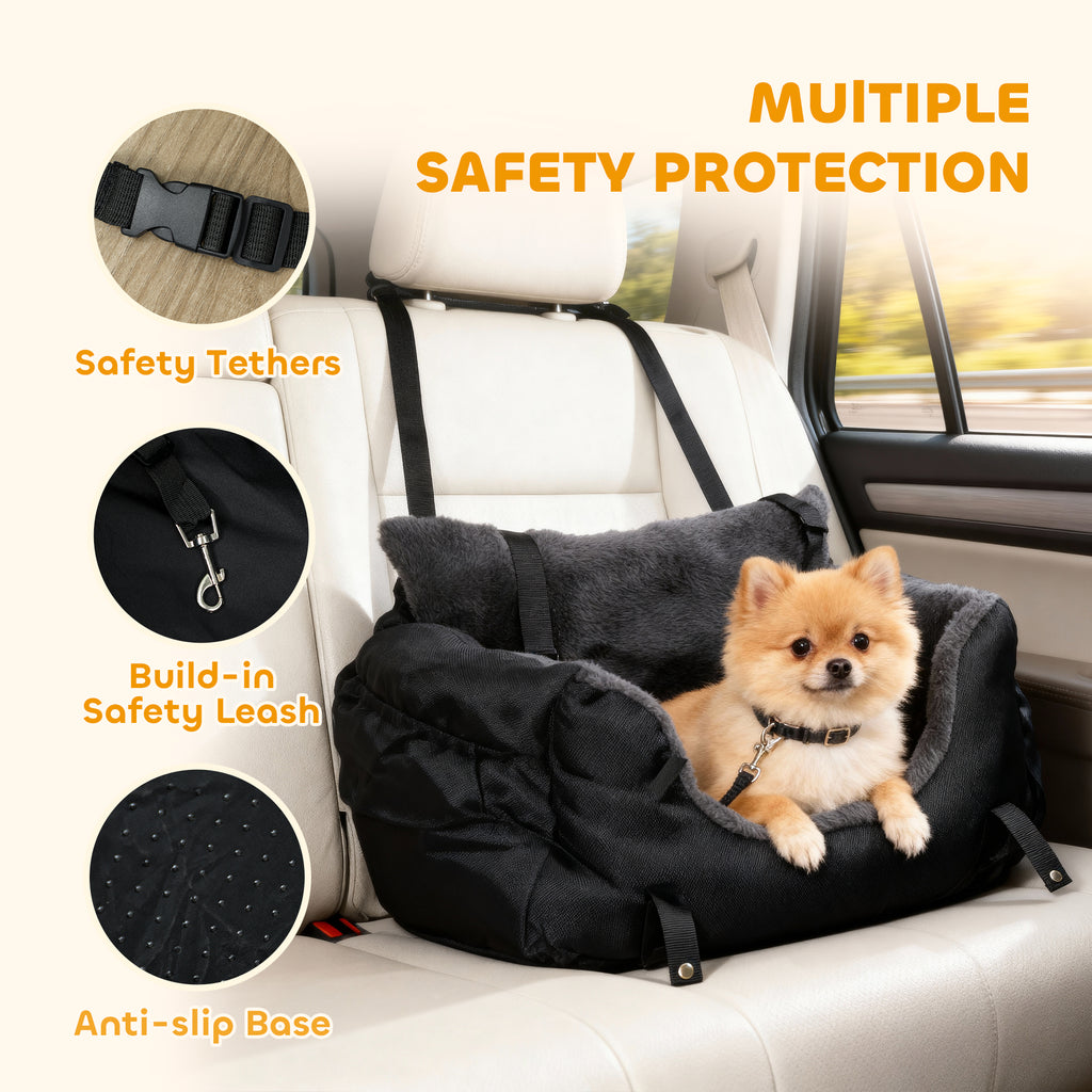 PawHut Dog Car Seat For Small Dogs With Fixed Buckle, Safety Leash, Washable Cover, 58 X 45 X 28 Cm, Black