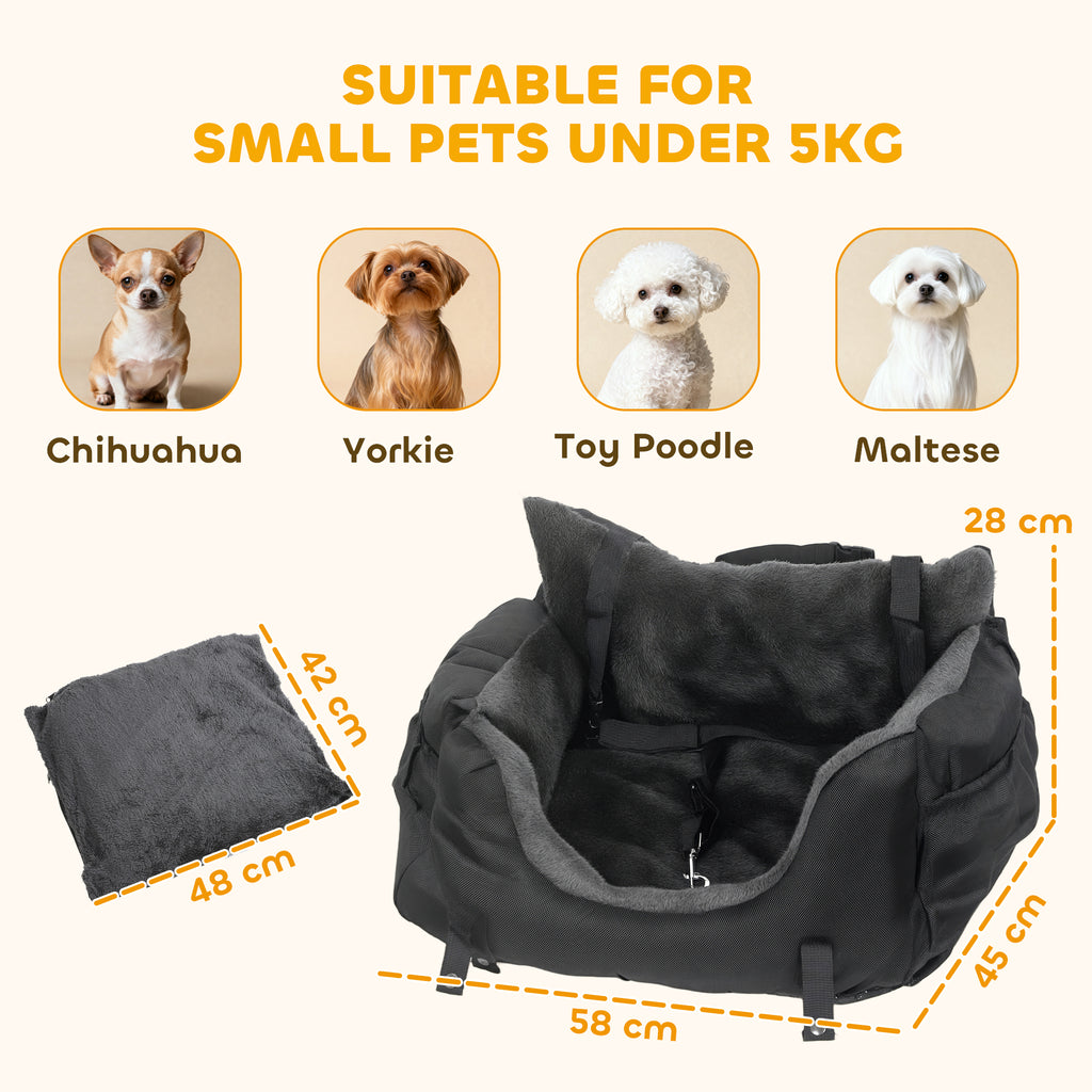 PawHut Dog Car Seat For Small Dogs With Fixed Buckle, Safety Leash, Washable Cover, 58 X 45 X 28 Cm, Black