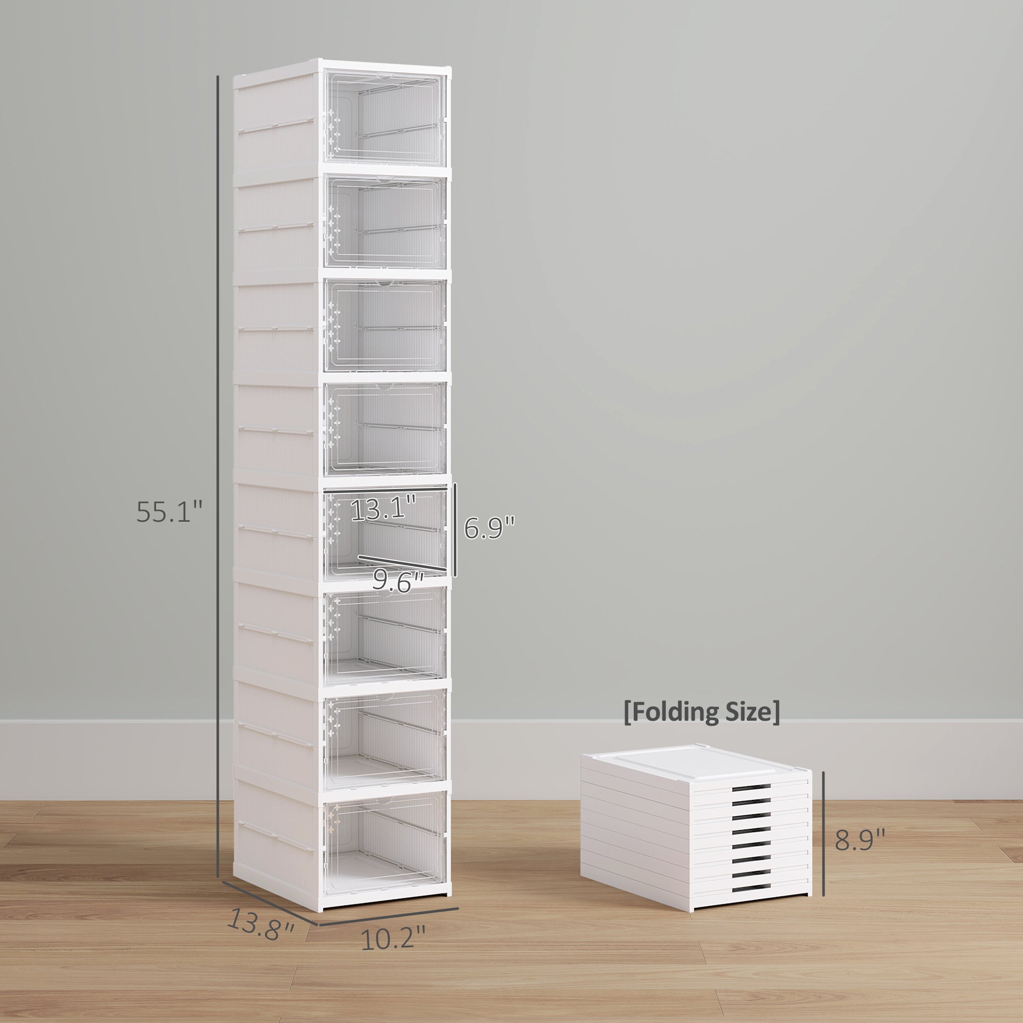 Stackable Plastic Shoe Boxes, 8 Pack Foldable Shoe Storage Boxes with Clear Door, No Assembly, Fit Size 10, White