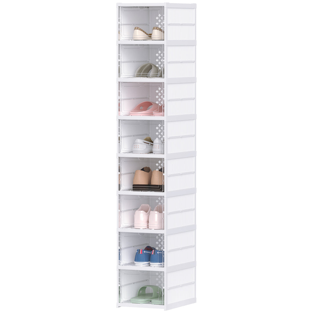 Stackable Plastic Shoe Boxes, 8 Pack Foldable Shoe Storage Boxes with Clear Door, No Assembly, Fit Size 10, White